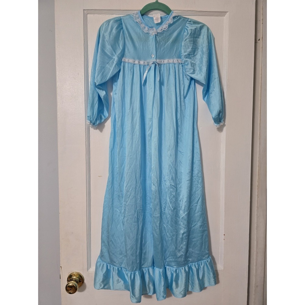 Vtg Laura Dare Girls Long Silky Blue Nightgown/Robe Nylon Lace Detail Size 10